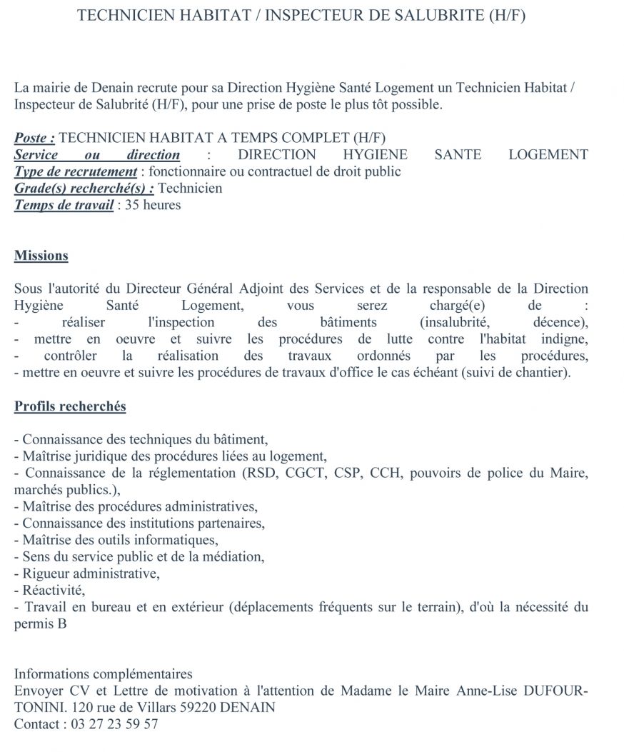 Fiche de poste technicien habitat et inspecteur de salubrité  Ville de