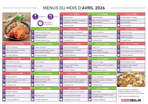 Menu à domicile Avril 2026