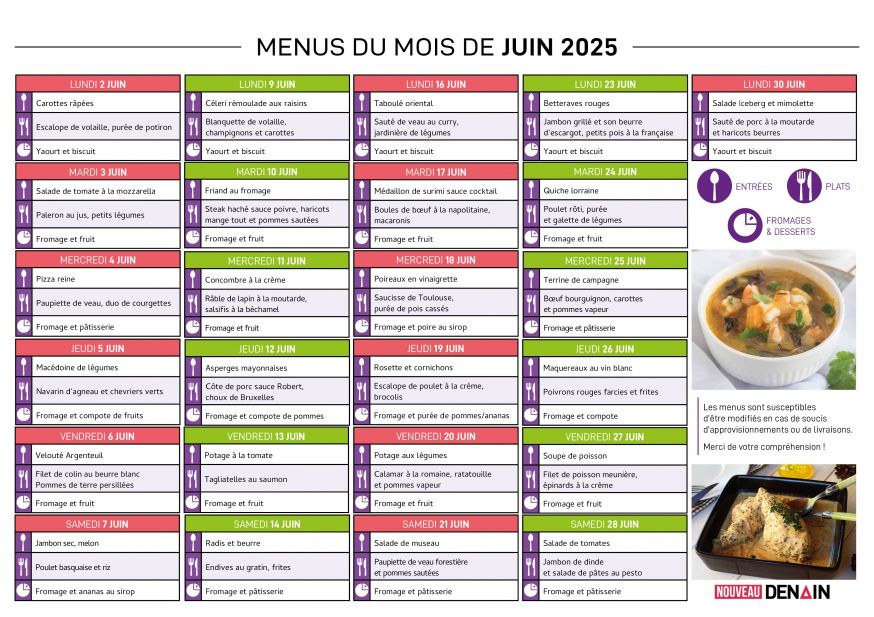 Menu à domicile : Aînés - Juin 2025