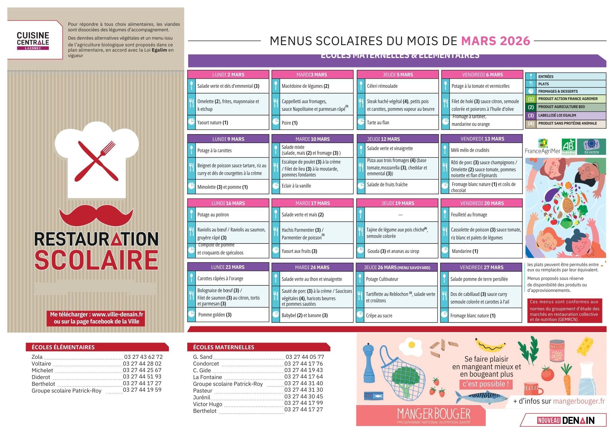 Menu scolaire mars 2026