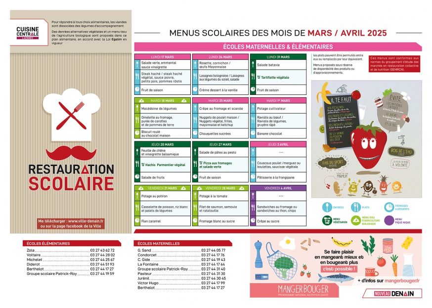Menu Scolaire Mars:Avril 2025
