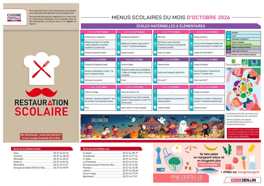 Menu scolaire Octobre 2026